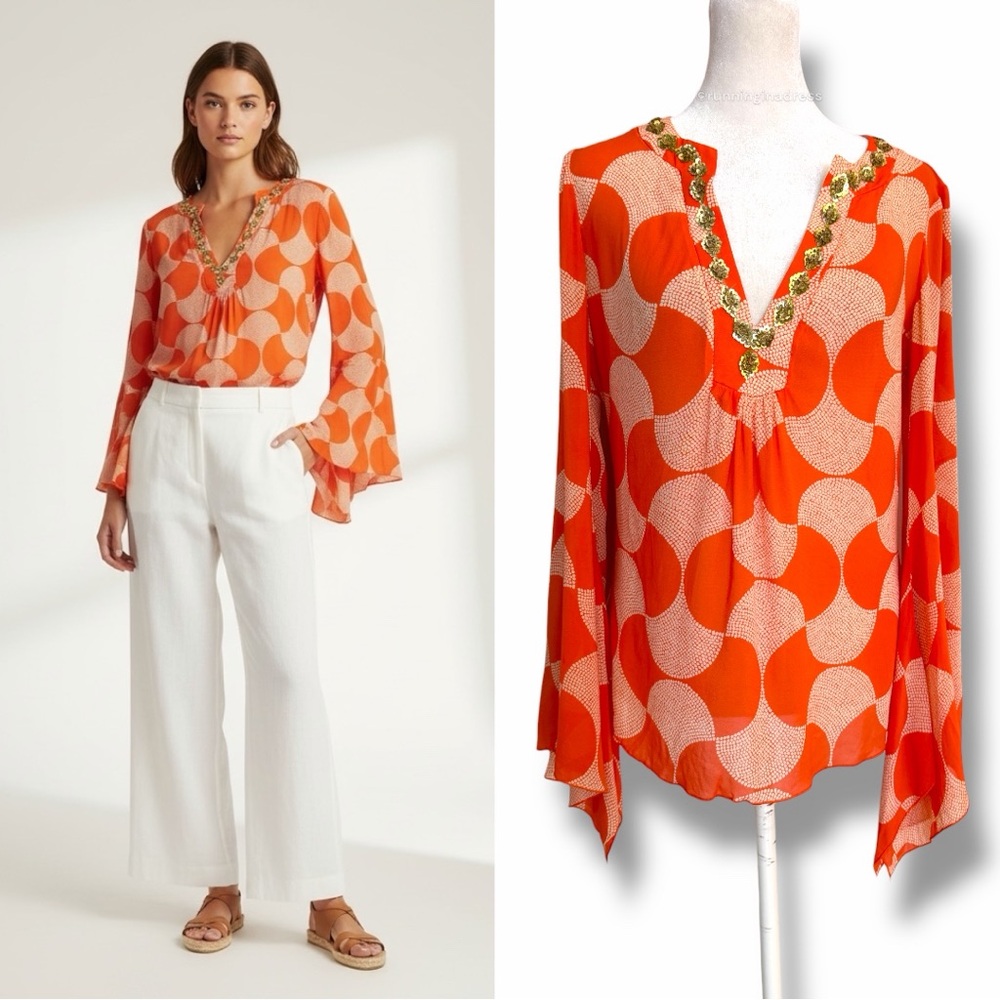 Trina Turk Silk Stretch Geometric Circle Sequin Tunic Be Sleeve Top Orange Creme
